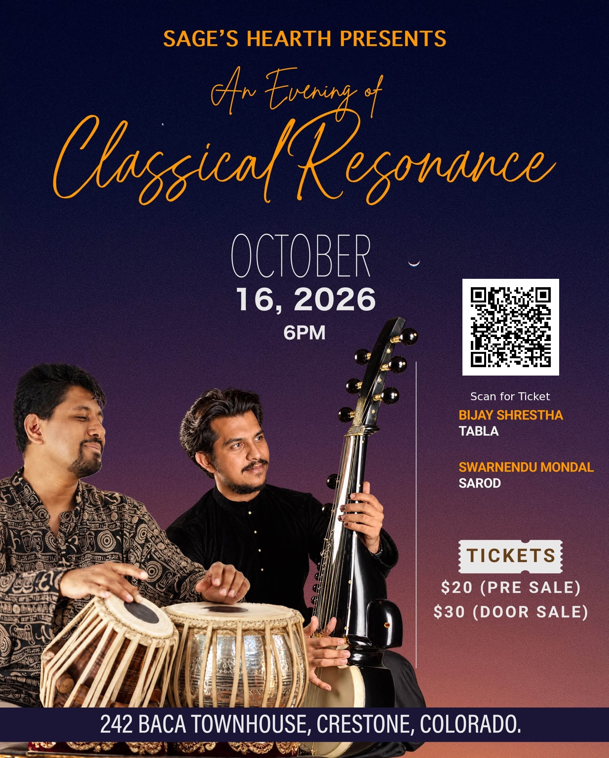 Bijay Shrestha plays October 16, 2026. QR code to register in image.